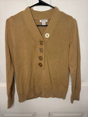 Hampshire Studio PM Petite Cotton Acrylic Knit Henley V-Neck Beige Sweater LS